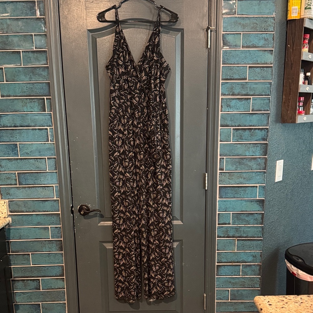 Black and Beige Leaf Print Pants Romper